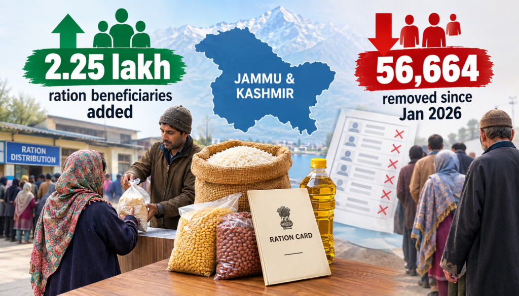 J&K adds 2.25 lakh ration beneficiaries, removes 56,664 since Jan 2026 Kashmir records 88,421 new beneficiaries, Aadhaar seeding of ration cards completed
